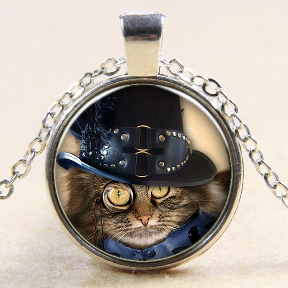 New glass cabochon Steam Punk cat  necklace